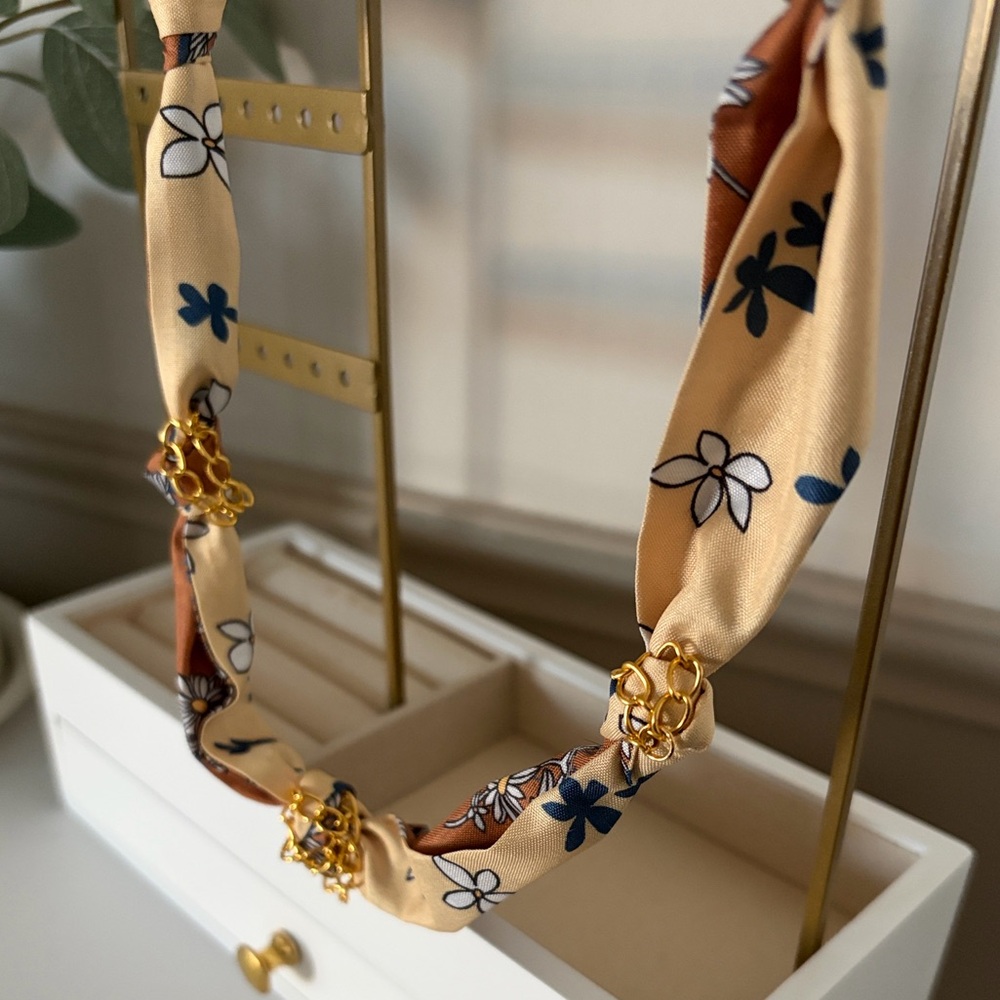 Floral Print Scarf Necklace with Gold Accents + Clasp